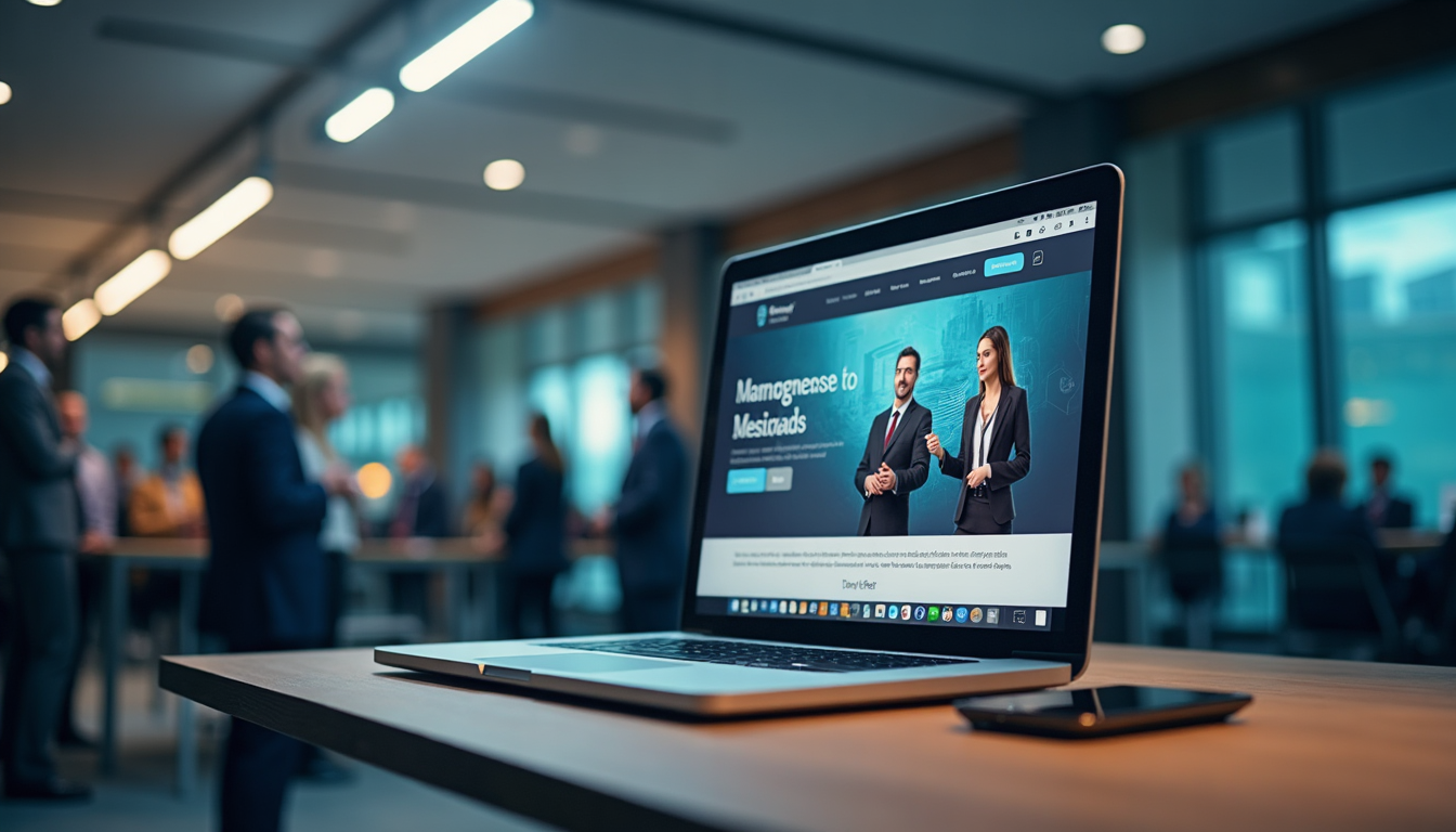 Un laptop deschis afișând un site de prezentare modern pentru o firmă, cu elemente de design profesional și grafice